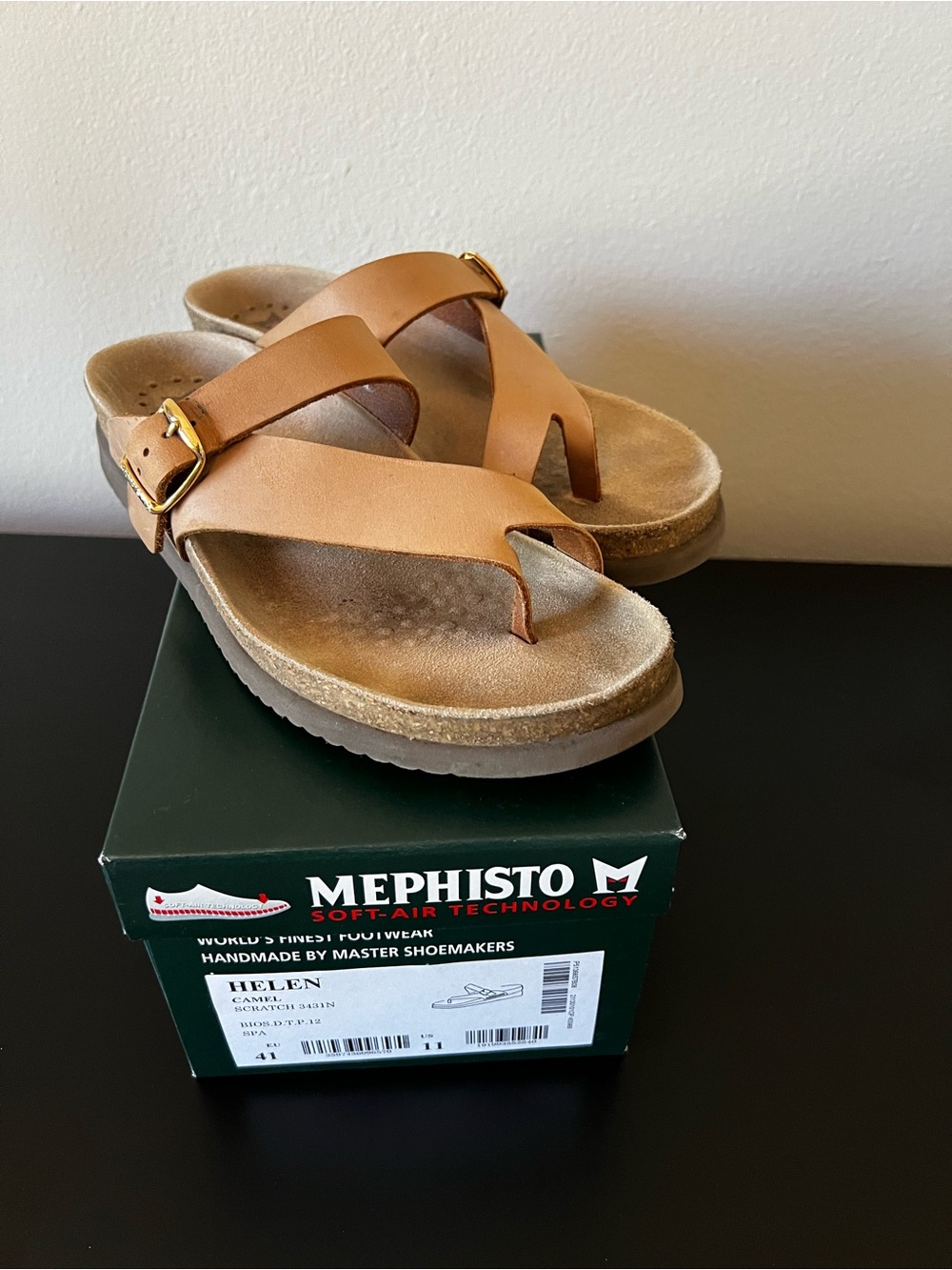 Mephisto Tan Leather Toe-Post Slide Sandals with Gold Buckle